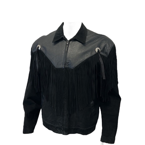Vintage 80's Scully Black Leather Fringed Western Cowboy Jacket RARE Size 44 - Picture 5 of 14